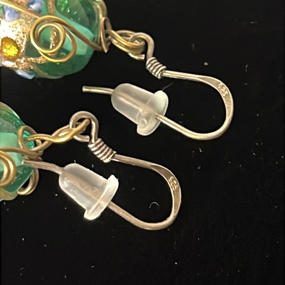 Hand Crafted Lampwork Glass Bead Gold Wire Scroll Dangle Sterling Hook Earrings - Picture 3 of 5